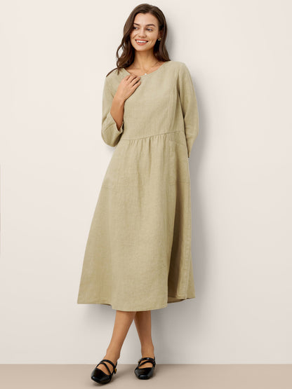 100% Linen Shirred Waistline Patch Pocket Midi Dress MARCELLA