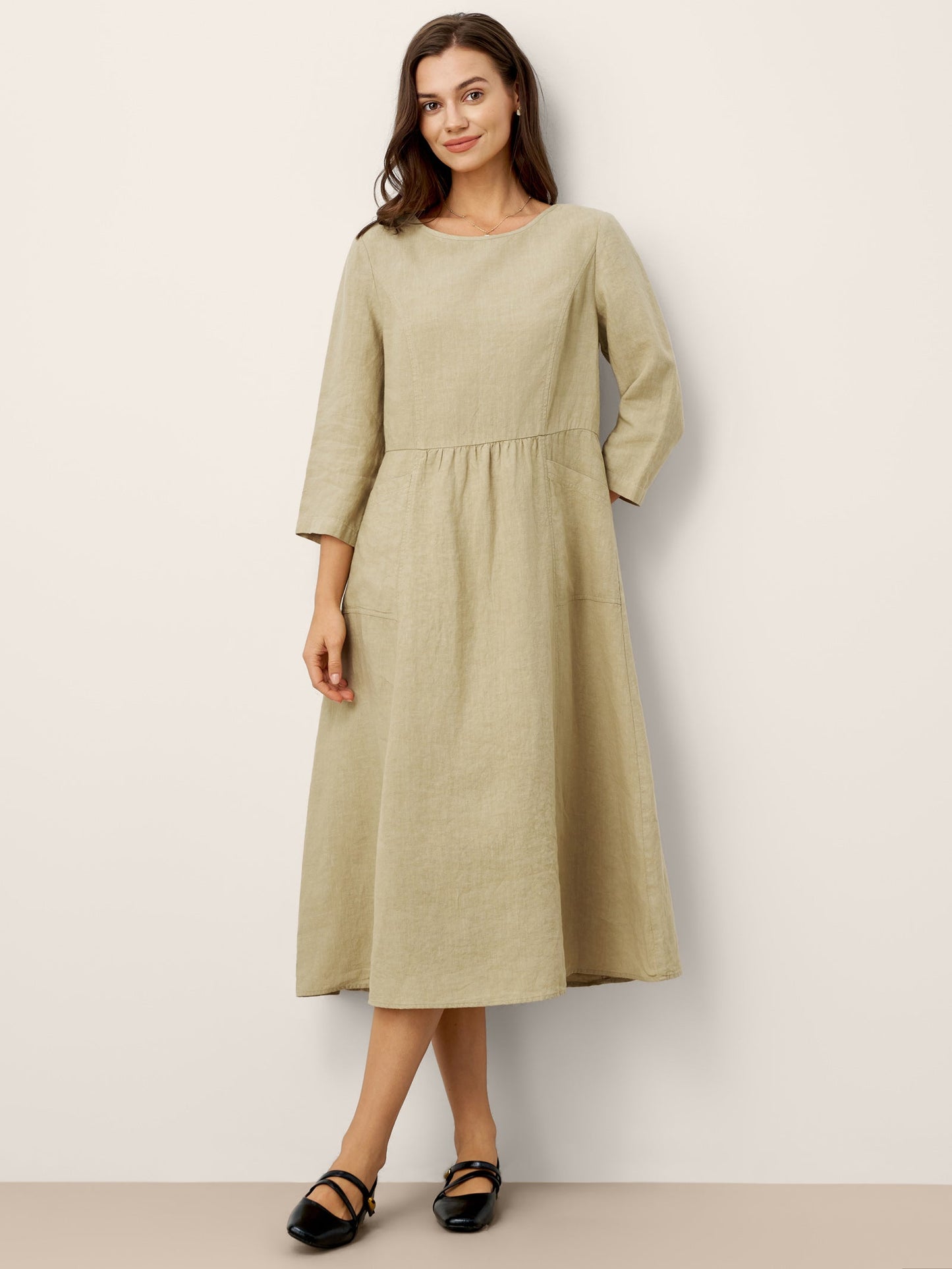 100% Linen Shirred Waistline Patch Pocket Midi Dress MARCELLA