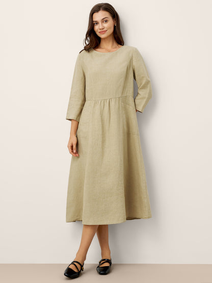 100% Linen Shirred Waistline Patch Pocket Midi Dress MARCELLA