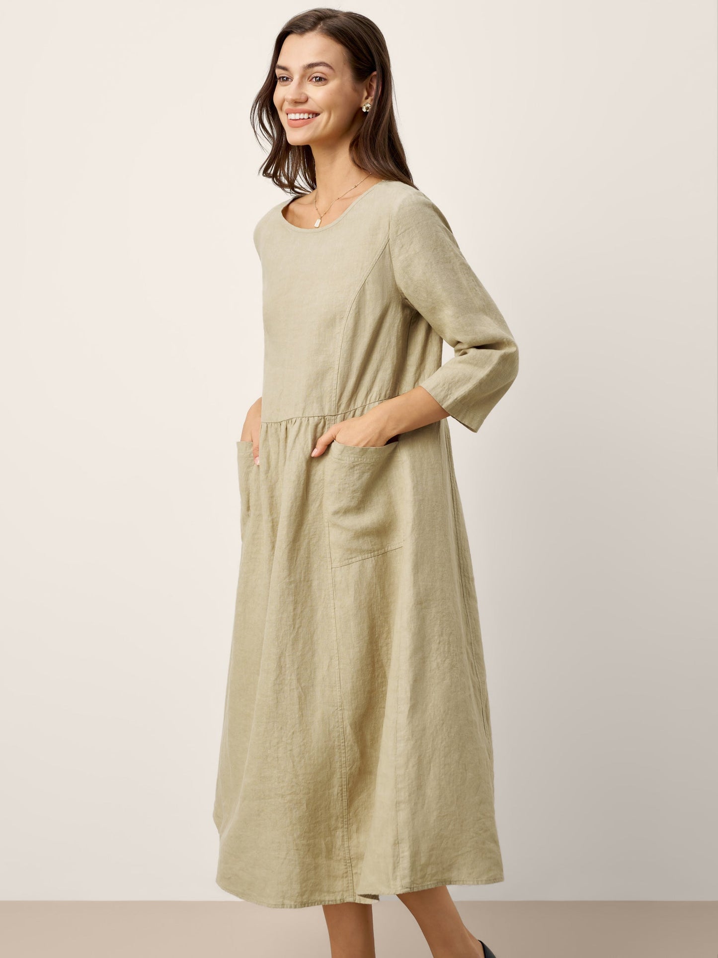 100% Linen Shirred Waistline Patch Pocket Midi Dress MARCELLA