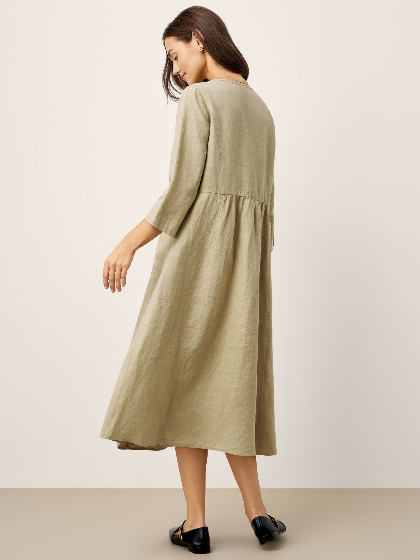 100% Linen Shirred Waistline Patch Pocket Midi Dress MARCELLA