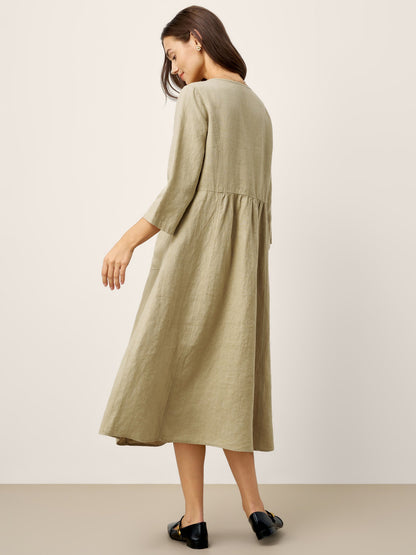 100% Linen Shirred Waistline Patch Pocket Midi Dress MARCELLA