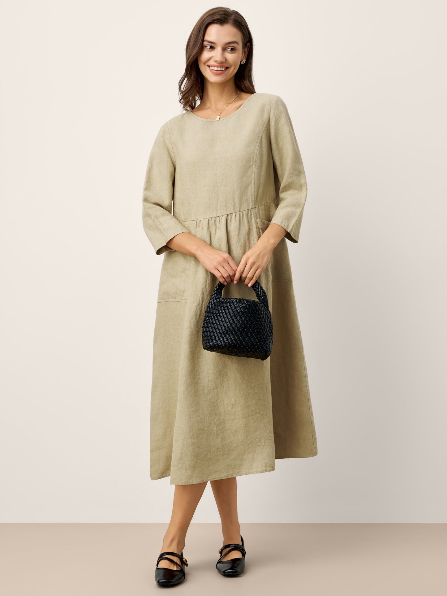 100% Linen Shirred Waistline Patch Pocket Midi Dress MARCELLA