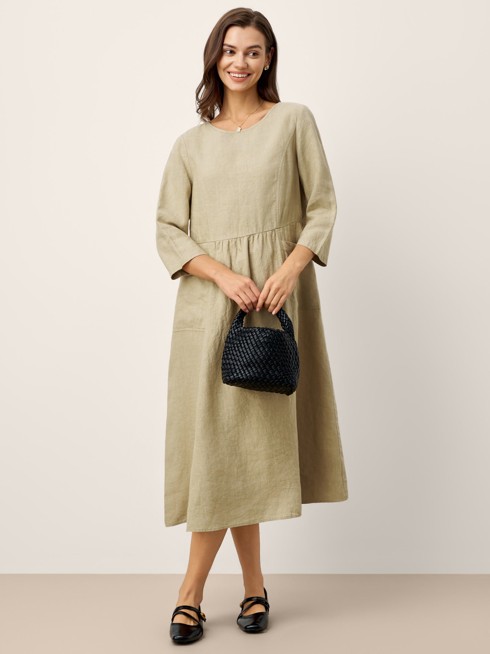 100% Linen Shirred Waistline Patch Pocket Midi Dress MARCELLA