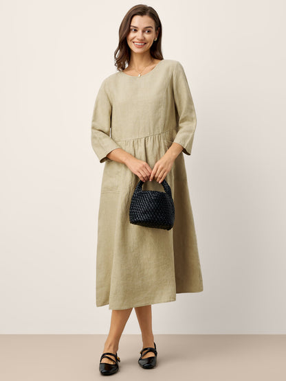 100% Linen Shirred Waistline Patch Pocket Midi Dress MARCELLA