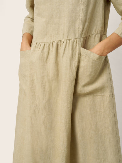 100% Linen Shirred Waistline Patch Pocket Midi Dress MARCELLA