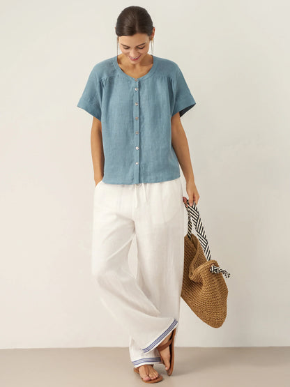 100% Linen Short Sleeve Crew Neck Shirt FINA