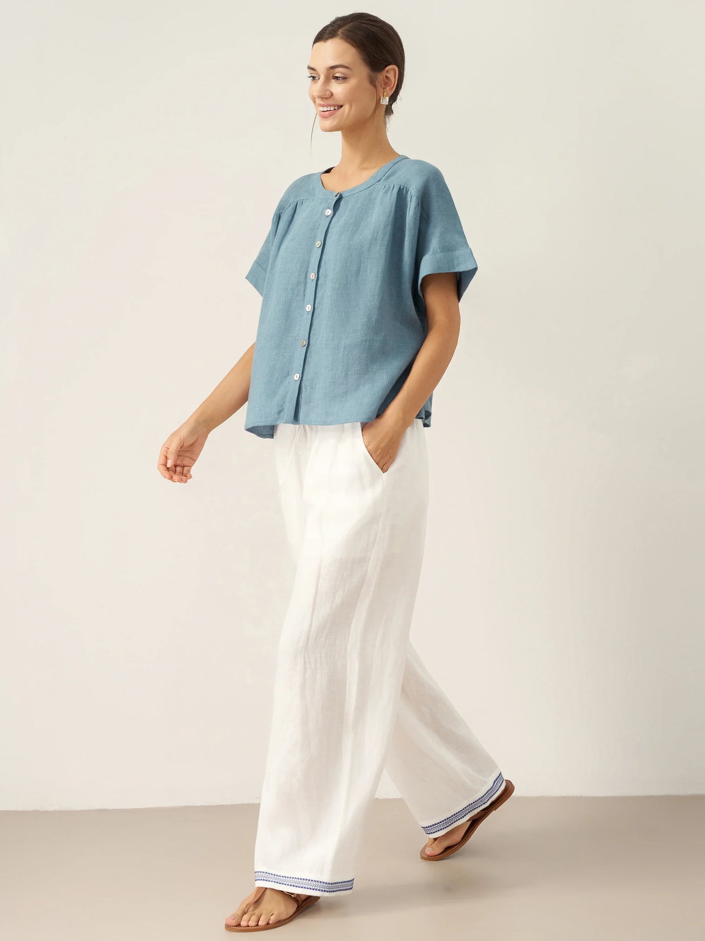 100% Linen Short Sleeve Crew Neck Shirt FINA