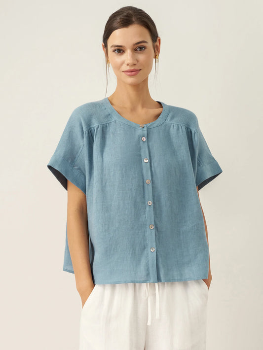 100% Linen Short Sleeve Crew Neck Shirt FINA