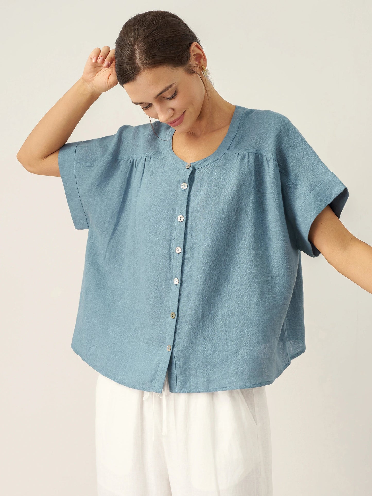 100% Linen Short Sleeve Crew Neck Shirt FINA