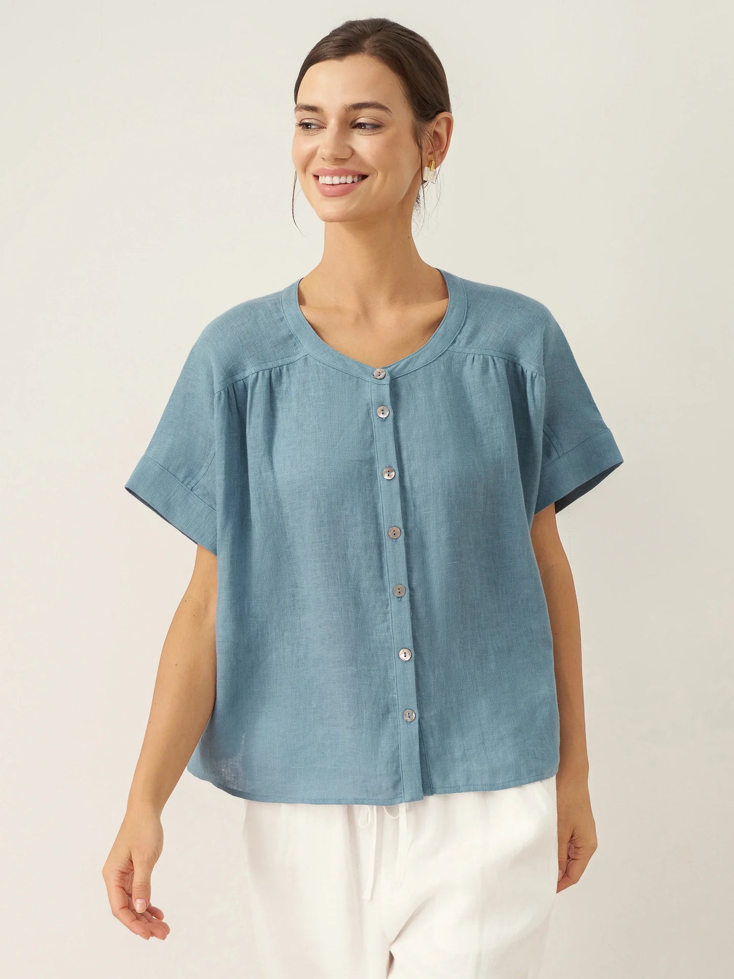 100% Linen Short Sleeve Crew Neck Shirt FINA
