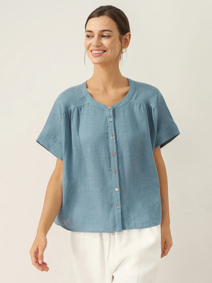100% Linen Short Sleeve Crew Neck Shirt FINA