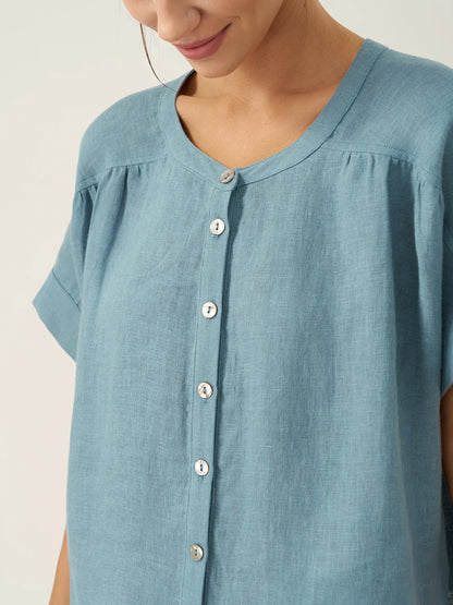 100% Linen Short Sleeve Crew Neck Shirt FINA