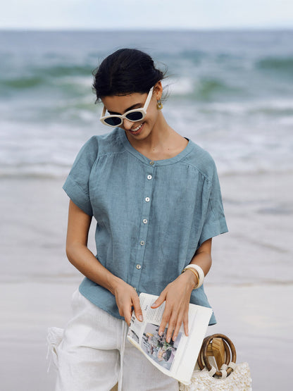 100% Linen Short Sleeve Crew Neck Shirt FINA