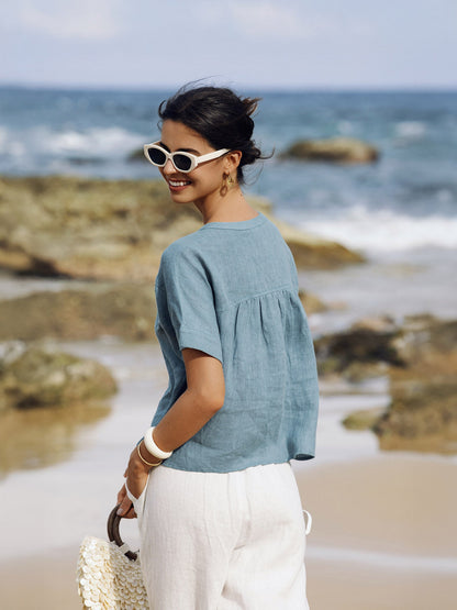 100% Linen Short Sleeve Crew Neck Shirt FINA