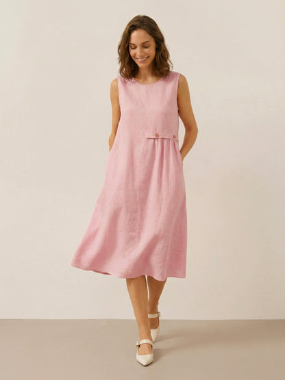 100% Linen Sleeveless Accordion Pleat Midi Dress TINA