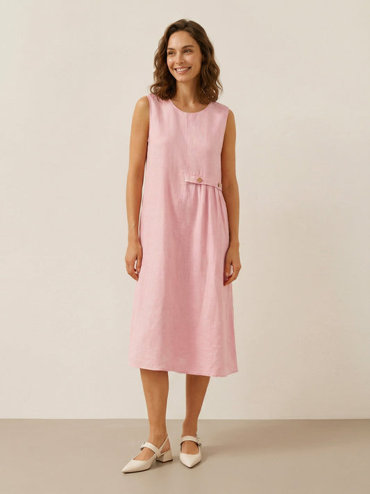 100% Linen Sleeveless Accordion Pleat Midi Dress TINA