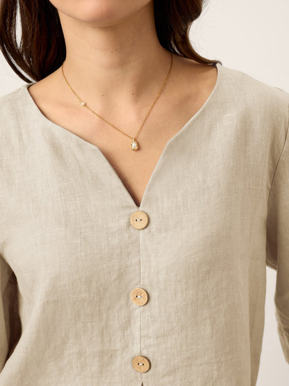 100% Linen Split Neck Inverted Pleat Top TABITHA