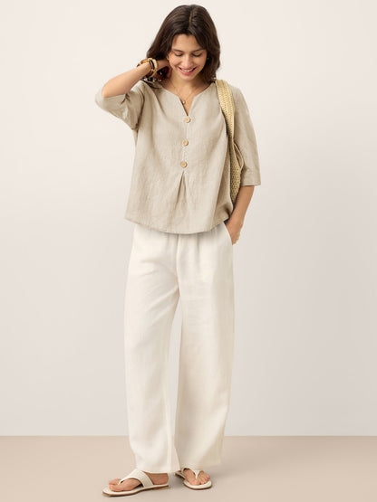 100% Linen Split Neck Inverted Pleat Top TABITHA