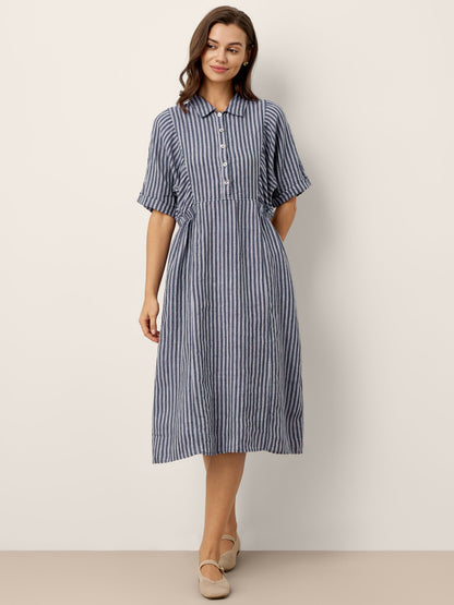 100% Linen Striped Buttoned Front Short Sleeve Midi Shirt Dress CASSANDRA