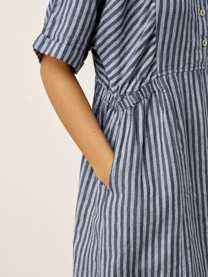 100% Linen Striped Buttoned Front Short Sleeve Midi Shirt Dress CASSANDRA