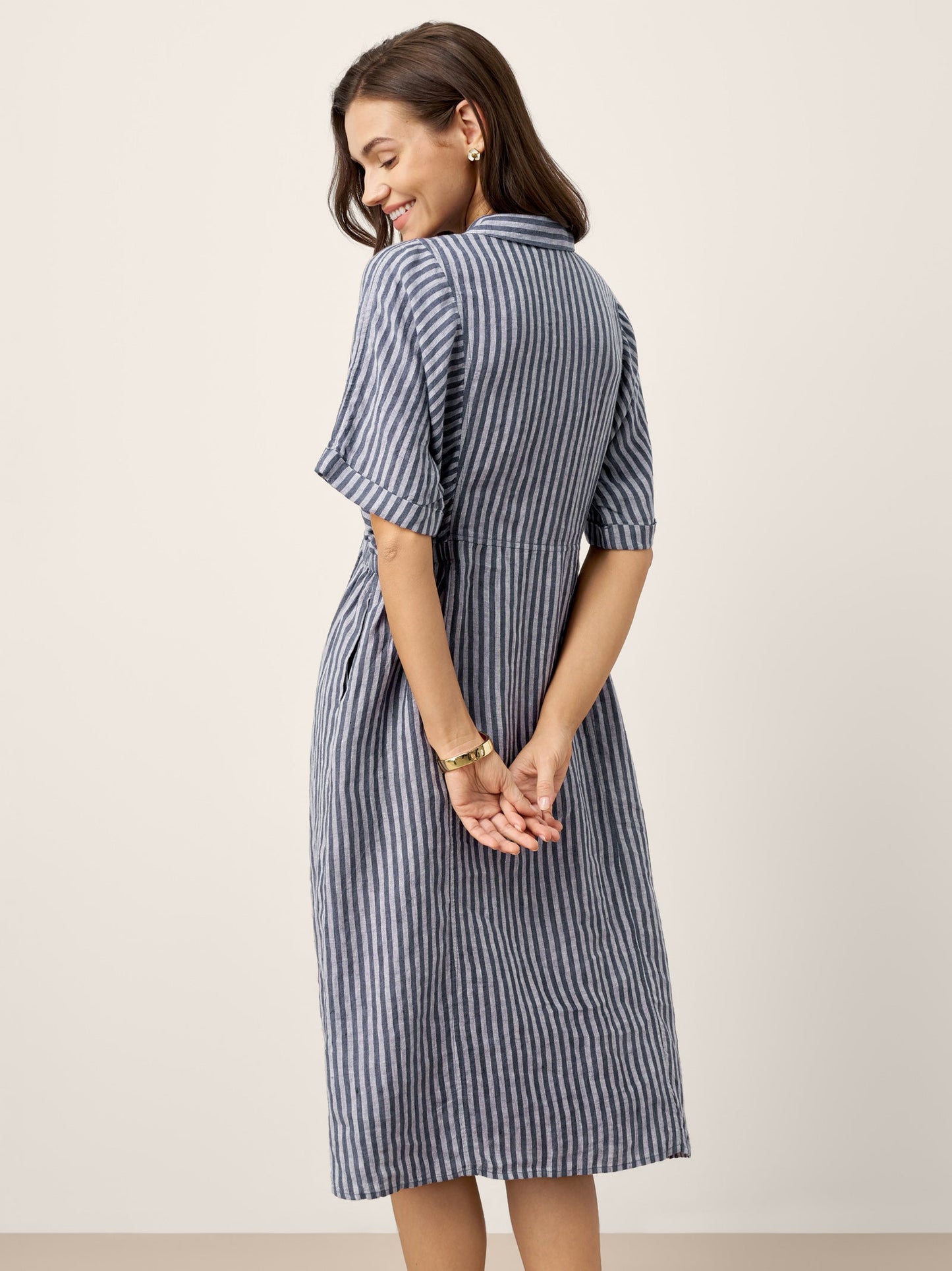 100% Linen Striped Buttoned Front Short Sleeve Midi Shirt Dress CASSANDRA