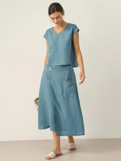 100% Linen V-Neck Cap Sleeve Crop Top FRESSA