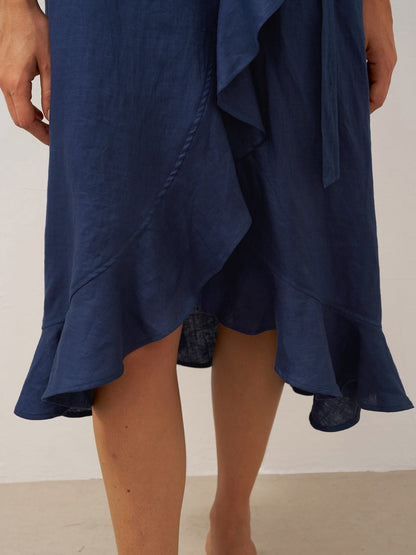 100% Linen V-Neck One-Piece Ruffle Hem Midi Dress MAYA