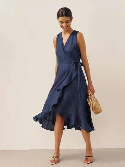 100% Linen V-Neck One-Piece Ruffle Hem Midi Dress MAYA