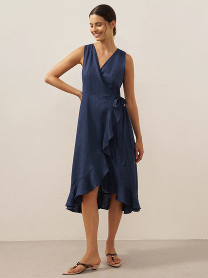 100% Linen V-Neck One-Piece Ruffle Hem Midi Dress MAYA