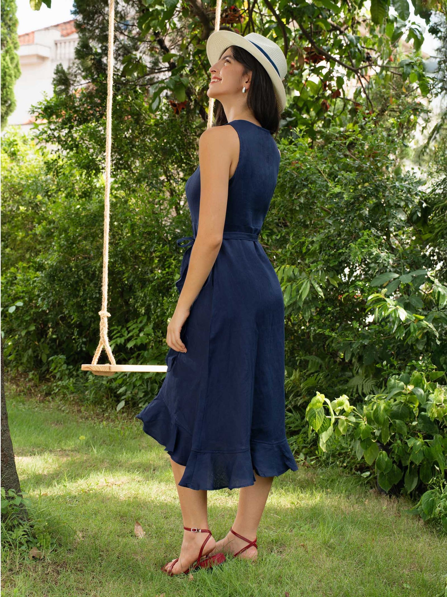 100% Linen V-Neck One-Piece Ruffle Hem Midi Dress MAYA