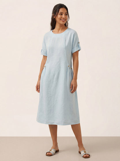 100% Linen Vintage A-Line Button Detail Midi Dress AMIN