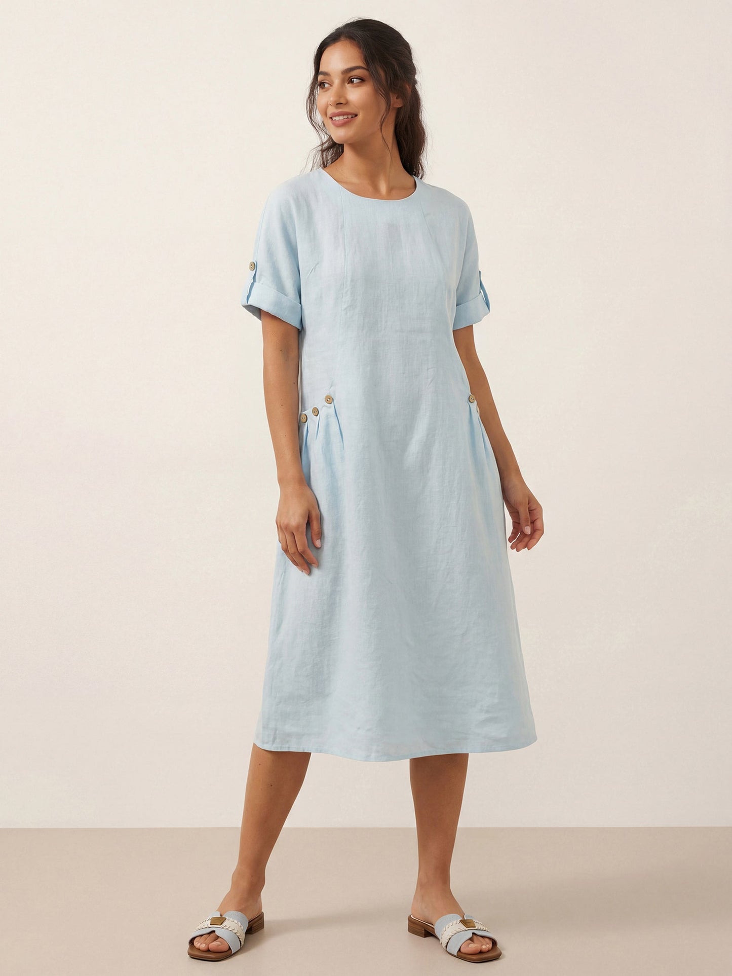 100% Linen Vintage A-Line Button Detail Midi Dress AMIN