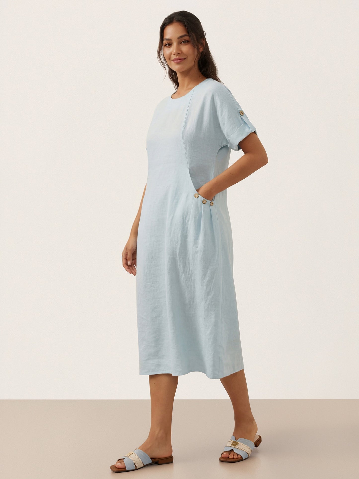 100% Linen Vintage A-Line Button Detail Midi Dress AMIN