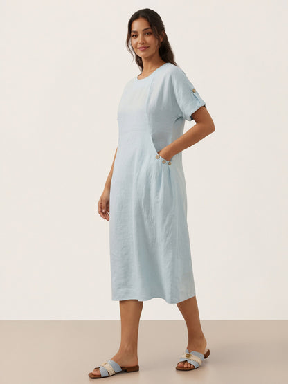 100% Linen Vintage A-Line Button Detail Midi Dress AMIN
