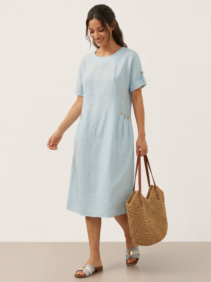 100% Linen Vintage A-Line Button Detail Midi Dress AMIN