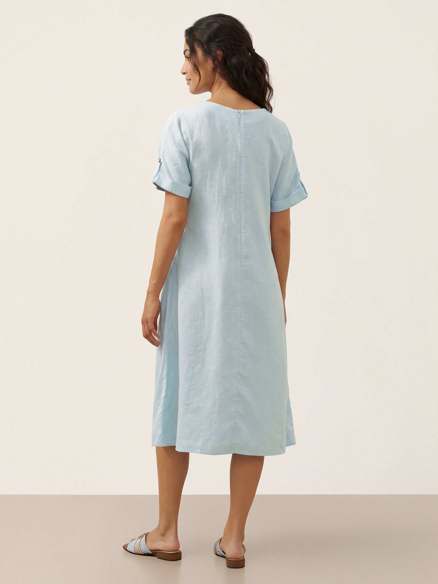 100% Linen Vintage A-Line Button Detail Midi Dress AMIN