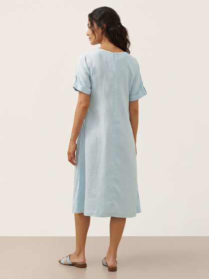 100% Linen Vintage A-Line Button Detail Midi Dress AMIN