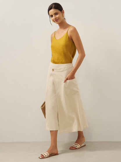 100% Linen Elastic Waist Angled Wrap Skirt FRESSA