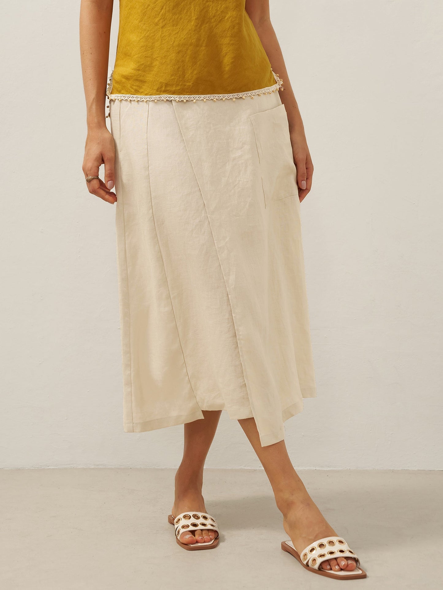 100% Linen Elastic Waist Angled Wrap Skirt FRESSA