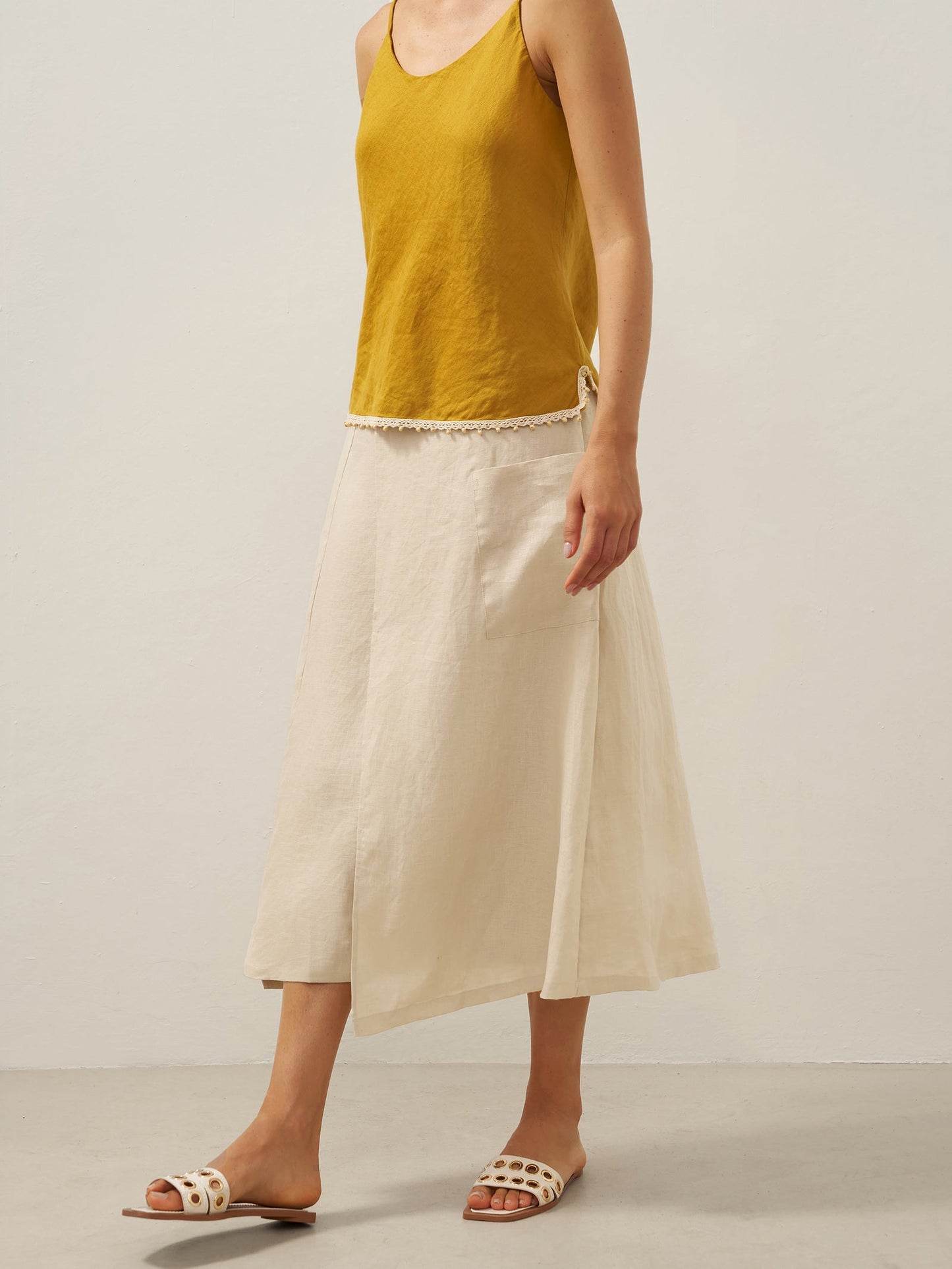 100% Linen Elastic Waist Angled Wrap Skirt FRESSA