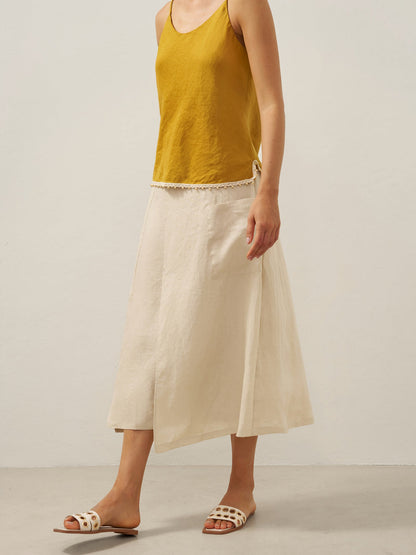 100% Linen Elastic Waist Angled Wrap Skirt FRESSA