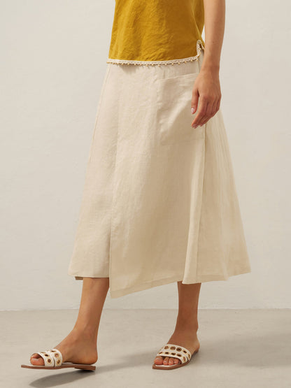 100% Linen Elastic Waist Angled Wrap Skirt FRESSA