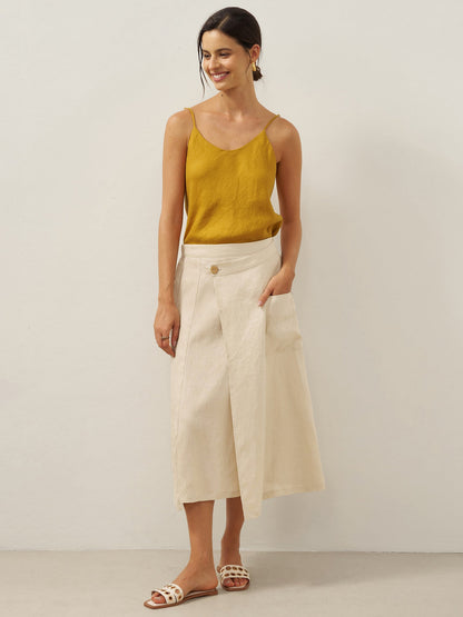 100% Linen Elastic Waist Angled Wrap Skirt FRESSA