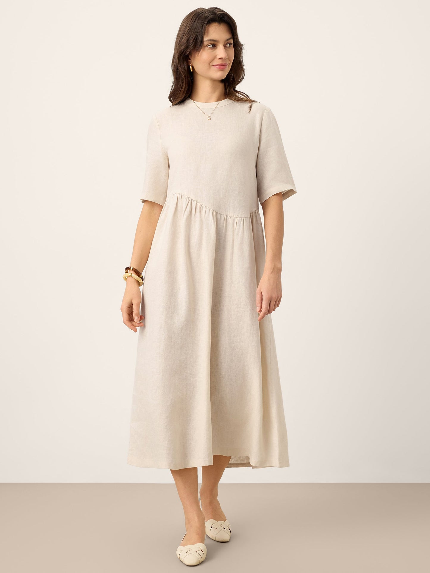 100% Linen Arch-Seam Fluid Midi Dress EUDORA