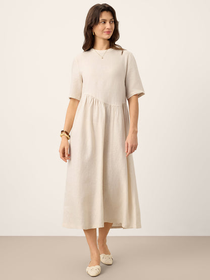 100% Linen Arch-Seam Fluid Midi Dress EUDORA