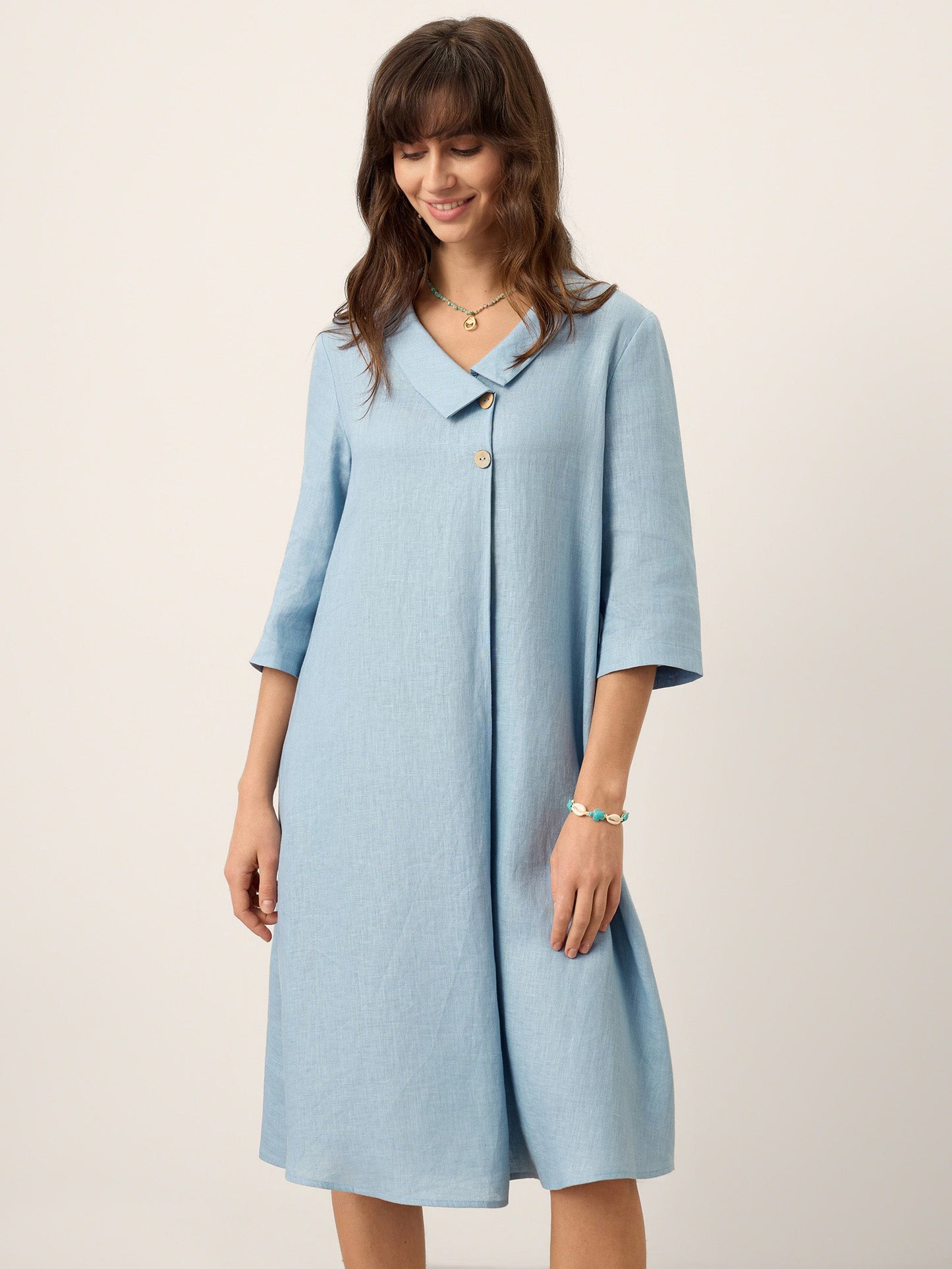100% Linen Asymmetric Shawl Collar A-Line Mini Dress WINIFRED