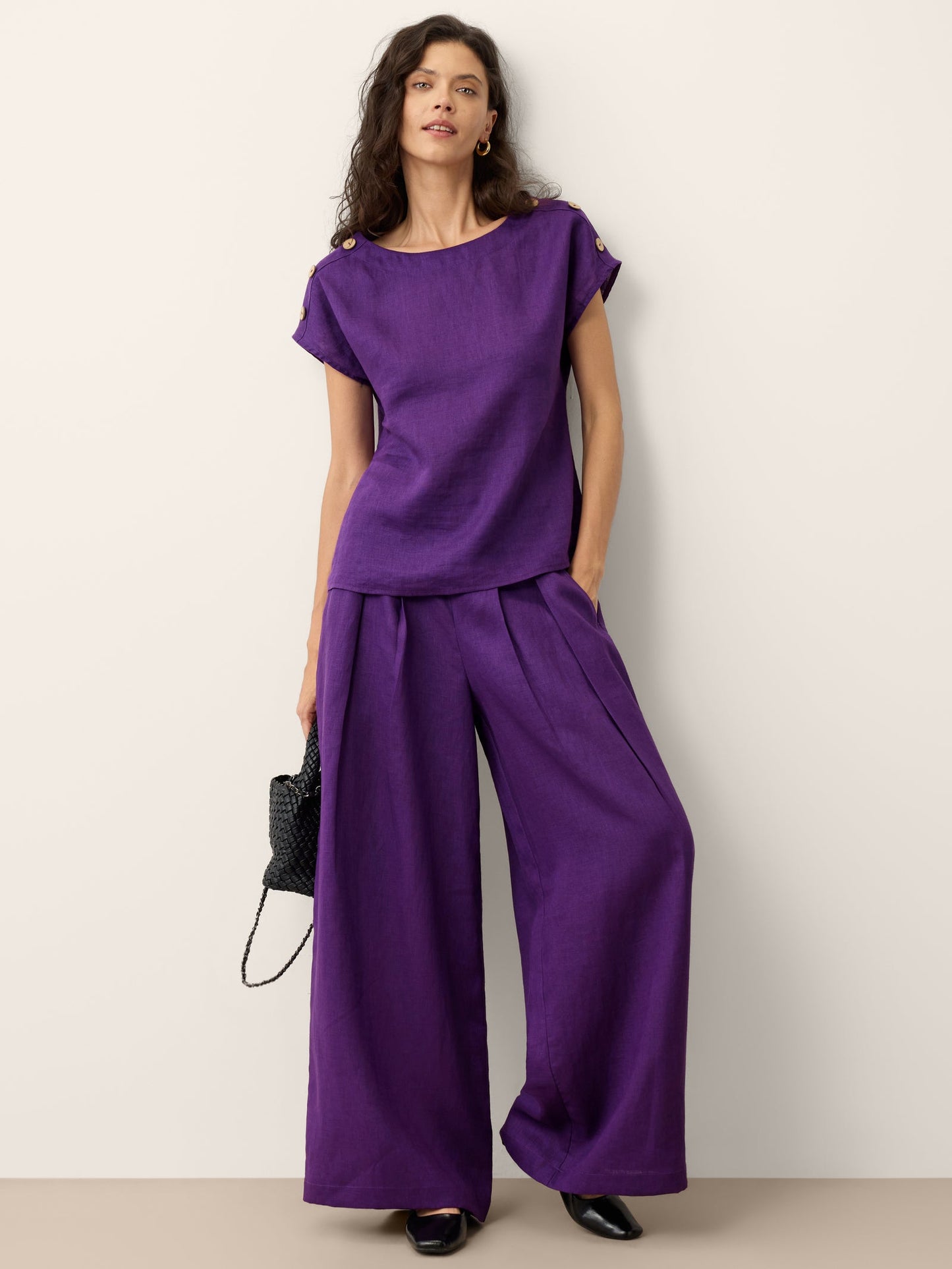 100% Linen Round Neck Button Detail Top ISABELLE