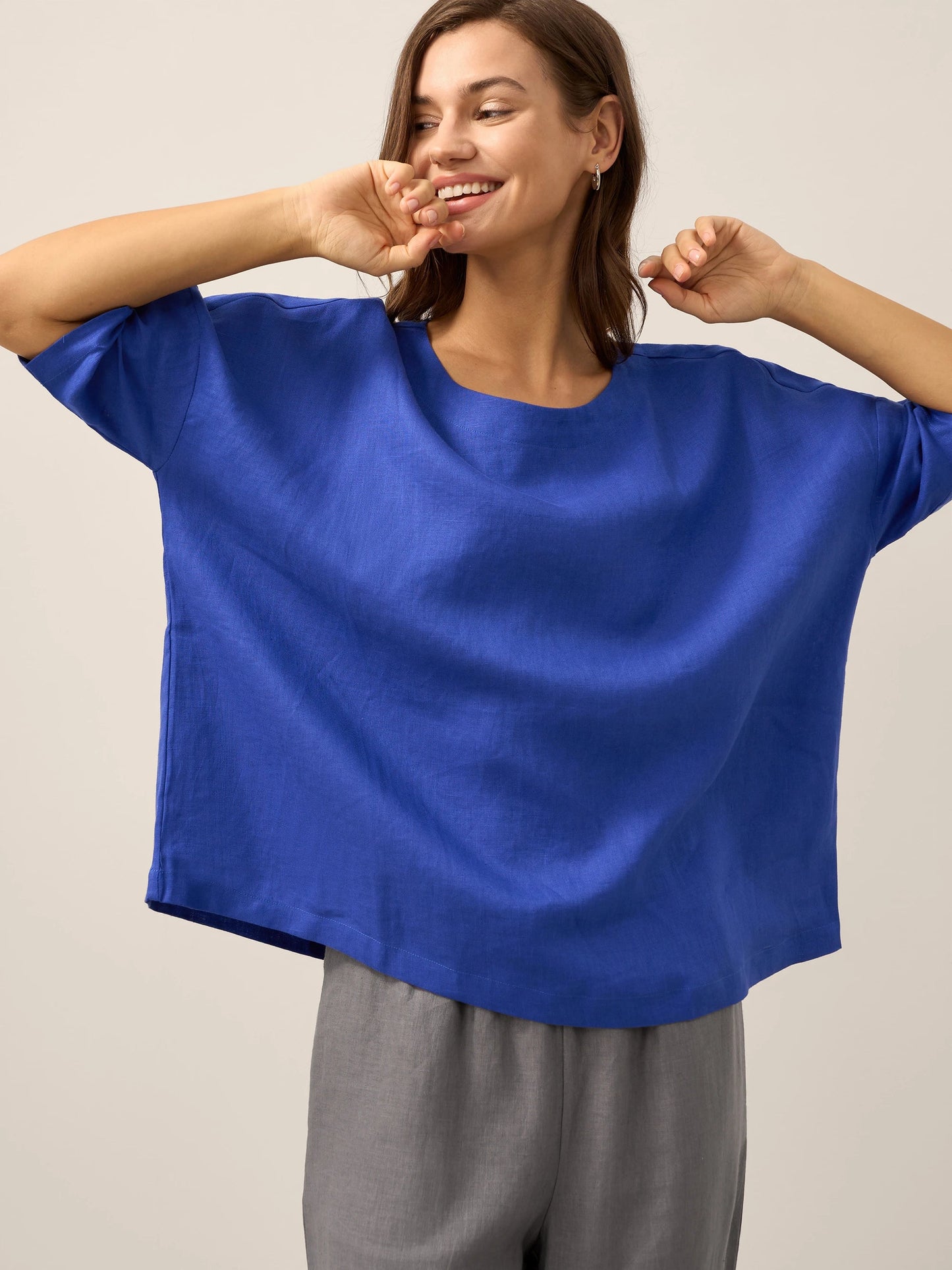100% Linen Boatneck 3/4 Length Sleeve Top AURORA