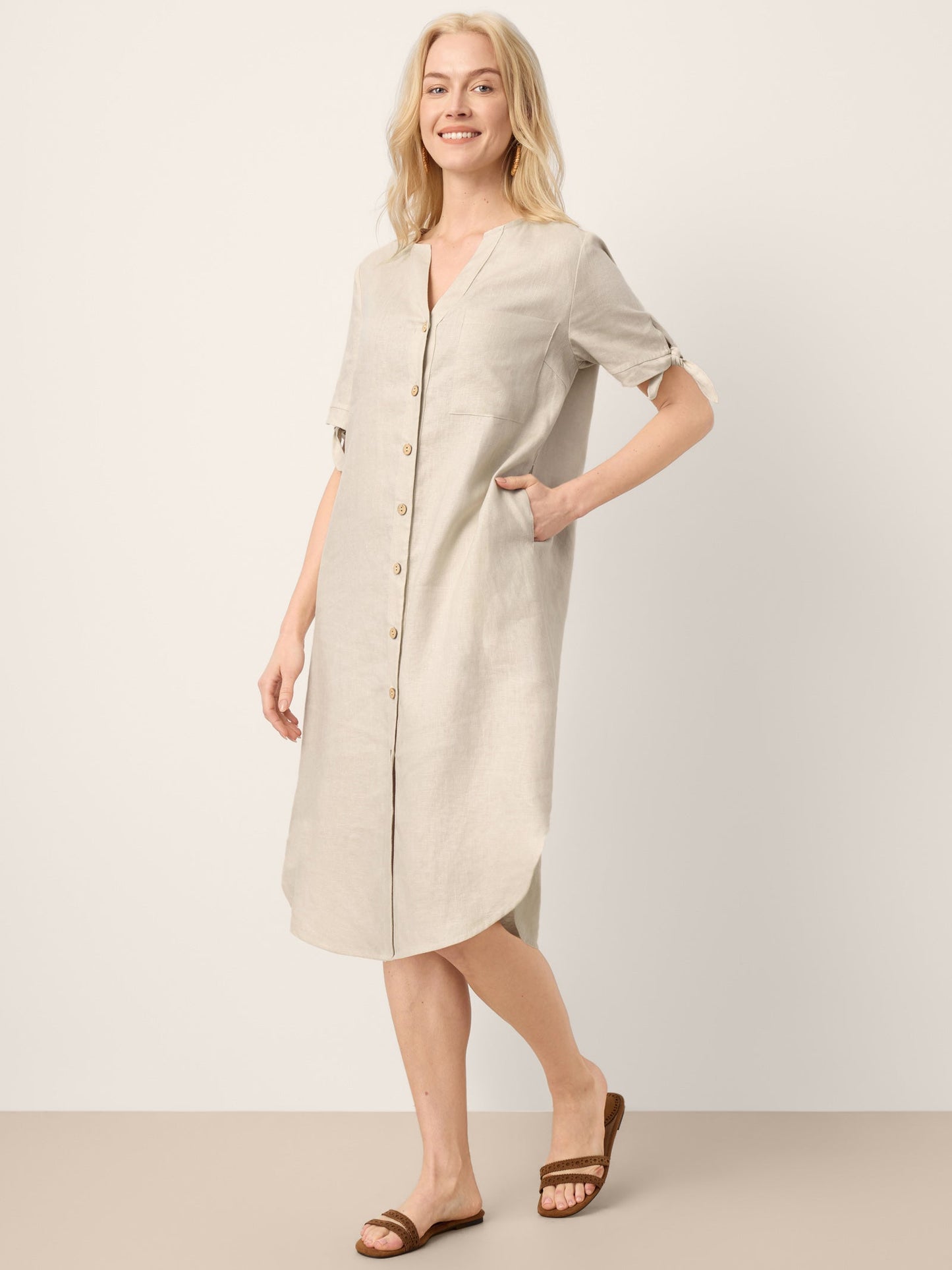 100% Linen Button-Front Tie Cuff V-Neck Shirt Dress HONORIA